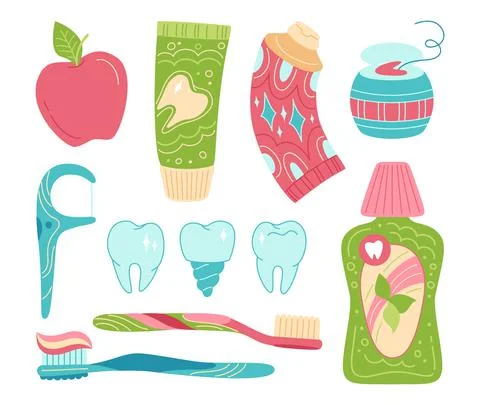 Dental tool cartoon set healthy tooth dentistry implant floss mouth cleaning Stock Illustration