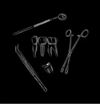 Dental tools teeth and tooth implant black Illustrazione stock