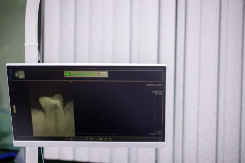 Dental x-ray on computer screen, isolated dentist office. X-rays that have de Stock Photos