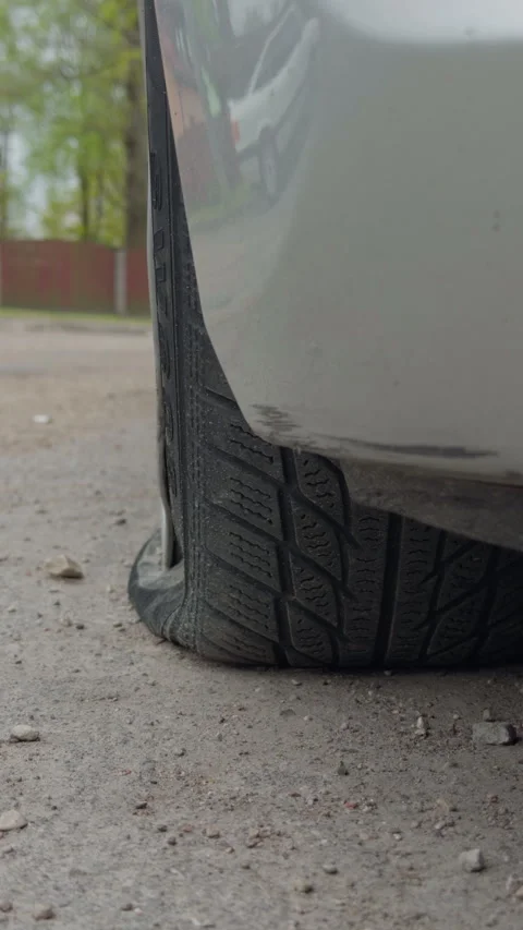 Dented bumper with deflated tire. Low angle shot highlights empty parking lot Stock-Footage 334107978