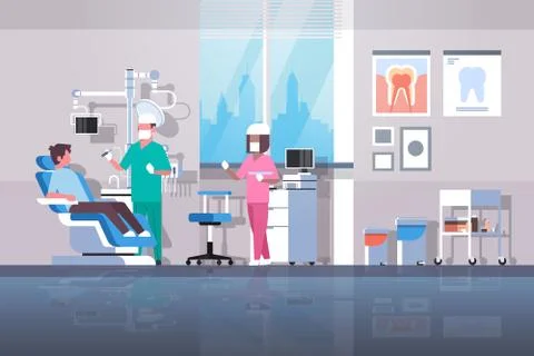 Dentist with assistant drilling teeth of man patient lying in dentistry chair Stock-Illustration