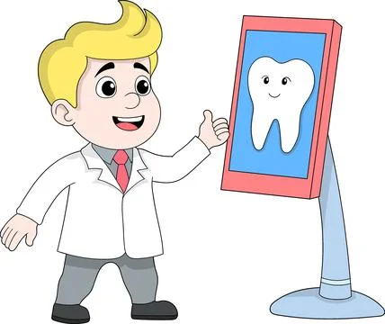 Dentist Character Explaining Tooth on Screen Online Dental Care Vector Illu.. Illustrazione stock