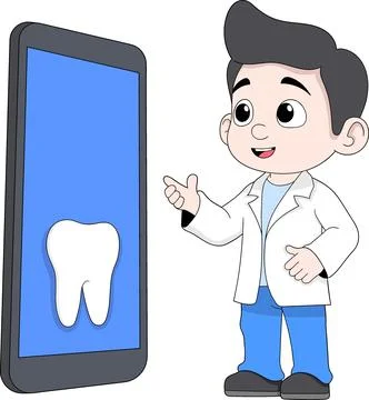Dentist Character Explaining Tooth on Smartphone Online Dental Care Vector .. Illustrazione stock