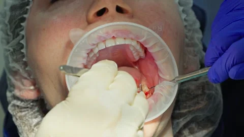 Dentist check position of a parallel post in the jawbone before a dental implant Video stock 342079900