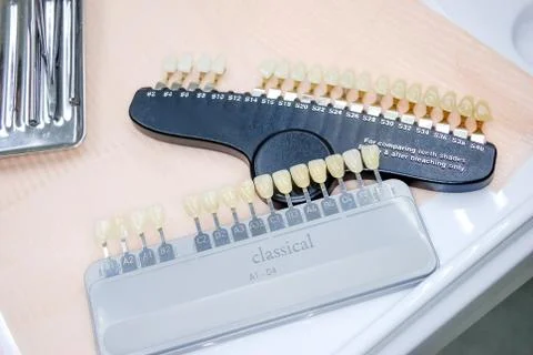Dentist checking and selecting color of young man's teeth, closeup. teeth color Stock Photos