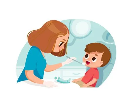 Dentist checking boy's teeth in a dentist's office. イラスト素材