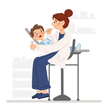 Dentist checking boy's teeth in a dentist's office. Proper dental care. Chi.. Stock Illustration