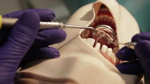 Dentist Checking His Crown Preparation on a Mannequin For Smoothness Stock Footage 106165874