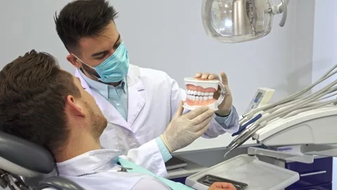 Dentist demonstrates human teeth layout to attentive patient Stock Footage 311941697