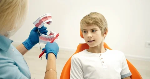 Dentist Demonstrating Teeth Cleaning to Boy 動画素材 116626020