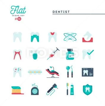 Dentist, dental care, healthy teeth, protection and more, flat icons set Stock Illustration