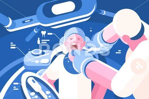 Dentist doing procedure at dental curing clinic. Stock Illustration