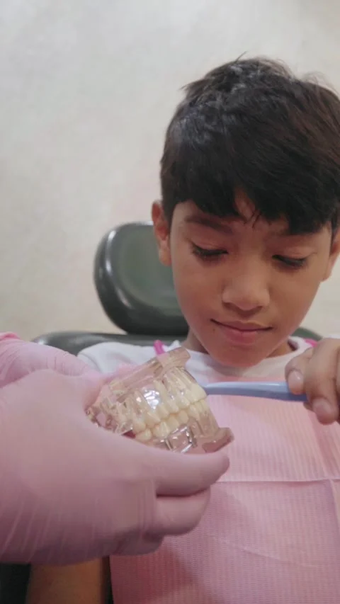 Dentist explaining teeth brushing technique to young boy Видео 346074939