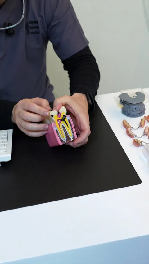 Dentist explaining tooth anatomy with model Stock Footage 306061433