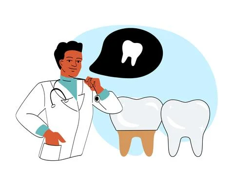 Dentist explaining tooth care with a speech bubble. Illustrazione stock