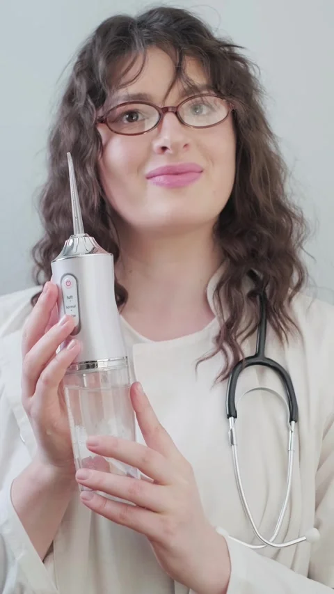 Dentist explains how an irrigator improves oral hygiene and what to consider Stock Footage 307304754