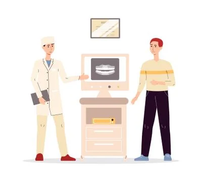 Dentist explains treatment on computer, flat vector illustration isolated. Illustrazione stock