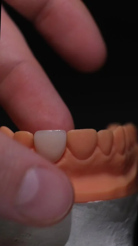 Dentist  fitting dental ceramic crowns on jaw model on black background. Stock Footage 315729394