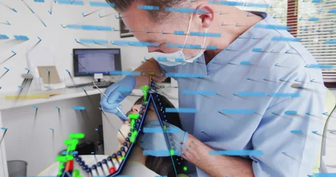 Dentist guiding drill upon contacting molar while animated arrows and 3D grid Stock Footage 316087044