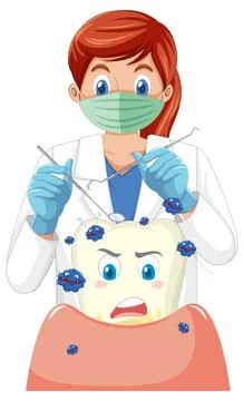 Dentist holding instruments and examining teeth decay on white background Stock Illustration