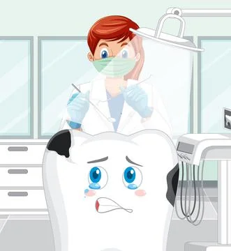 Dentist holding instruments and examining teeth decay in clinic Stock Illustration