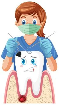 Dentist holding instruments and examining teeth decay on white background Stock Illustration