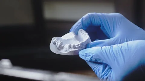Dentist inspecting Ceramic Denture Casting mould close-up Stockbeeldmateriaal 312099305