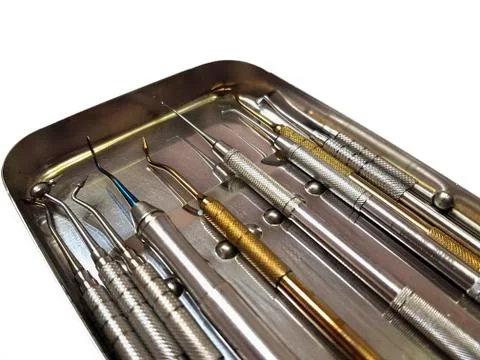 Dentist instruments in metal base 스톡 사진