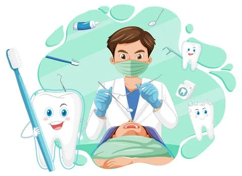Dentist man examining patient teeth on white background Stock Illustration
