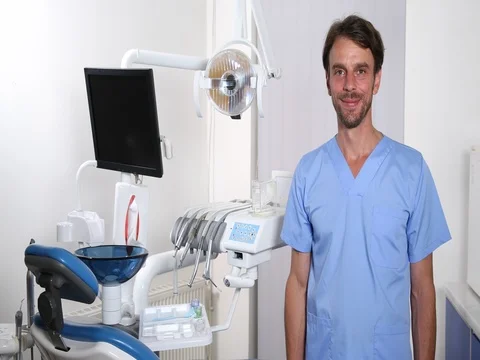 Dentist Man Posing Smiling Showing Thumb Up Sign Looking Camera Dental Clinic Stock Footage