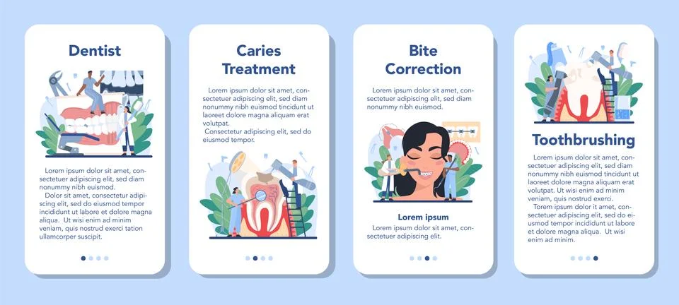 Dentist mobile application banner set. Dental doctor in uniform 스톡 일러스트