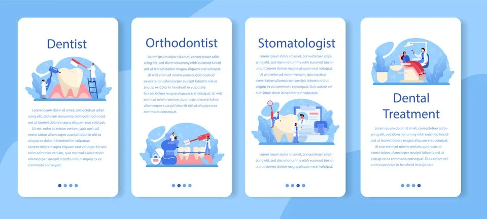 Dentist mobile application banner set. Dental doctor in uniform treating Stock Illustration