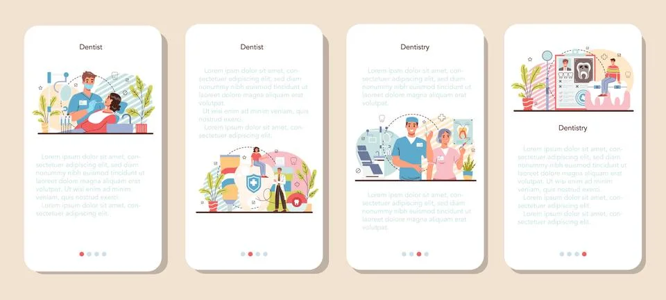 Dentist mobile application banner set. Dental doctor in uniform Stock Illustration