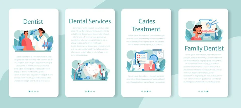 Dentist mobile application banner set. Dental doctor in uniform 스톡 일러스트