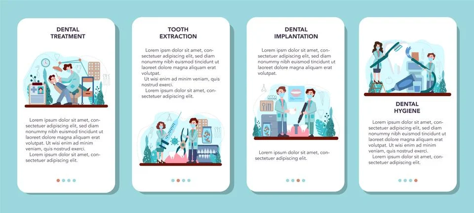 Dentist mobile application banner set. Dental doctor in uniform treating Stock Illustration