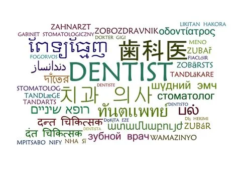 Dentist multilanguage wordcloud background concept Stock Illustration