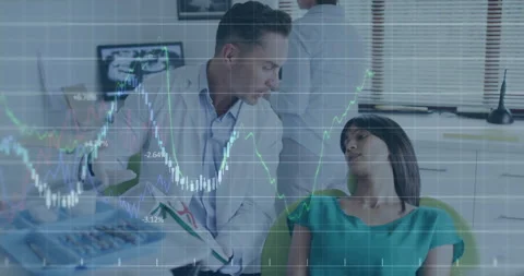 Dentist opening chart and pointing at chart in clinic animating line graphs Stock Footage 309894241
