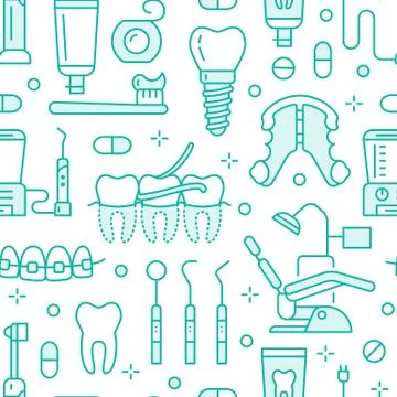 Dentist, orthodontics blue seamless pattern with line icons. Dental care Stock Illustration