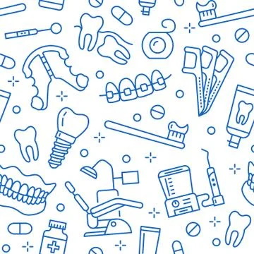 Dentist, orthodontics seamless pattern with line icons. Dental care, medical Stock Illustration