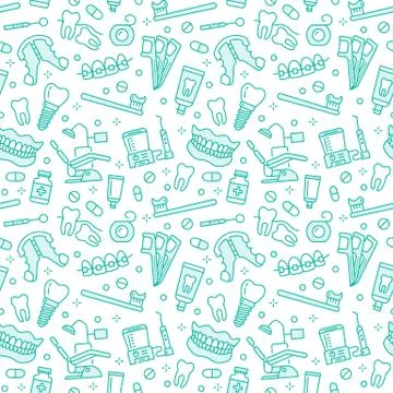 Dentist, orthodontics seamless pattern with line icons. Dental care, medical Stock Illustration