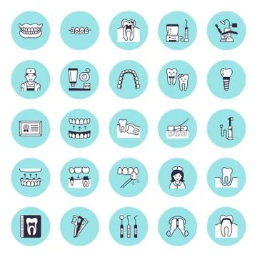 Dentist, orthodontics vector flat line icons. Dental care equipment, braces Stock Illustration