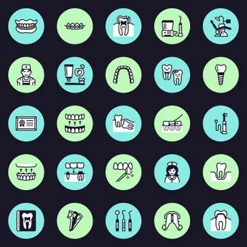 Dentist, orthodontics vector flat line icons. Dental care equipment, braces Illustrazione stock