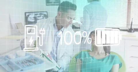 Dentist placing handheld scanner into patient mouth, dental battery icon and Stock Footage 318626382