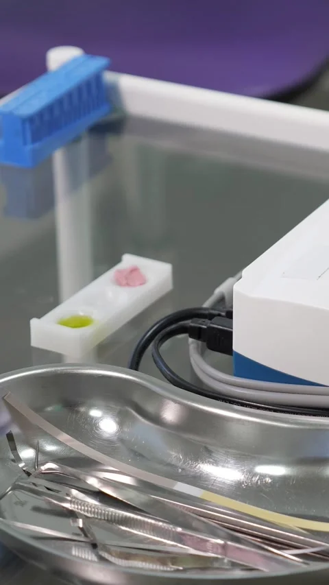 Dentist preparing sterile instruments for a dental procedure in a clinic Video stock 341579630
