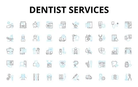 Dentist services linear icons set. Cleaning, Root canal, Braces, Whitening Stock Illustration