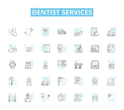 Dentist services linear icons set. Cleaning, Root canal, Braces, Whitening Stock Illustration