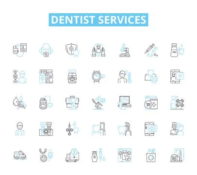 Dentist services linear icons set. Cleaning, Root canal, Braces, Whitening Stock Illustration