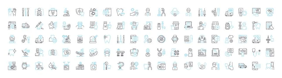 Dentist services vector line icons set. Dentist, Services, Teeth, Cleaning Stock Illustration
