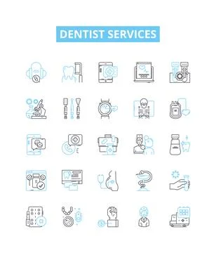 Dentist services vector line icons set. Dentist, Services, Teeth, Cleaning Stock Illustration