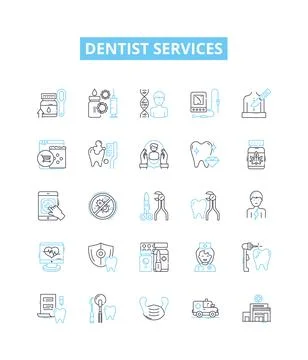 Dentist services vector line icons set. Dentist, Services, Teeth, Cleaning Stock Illustration
